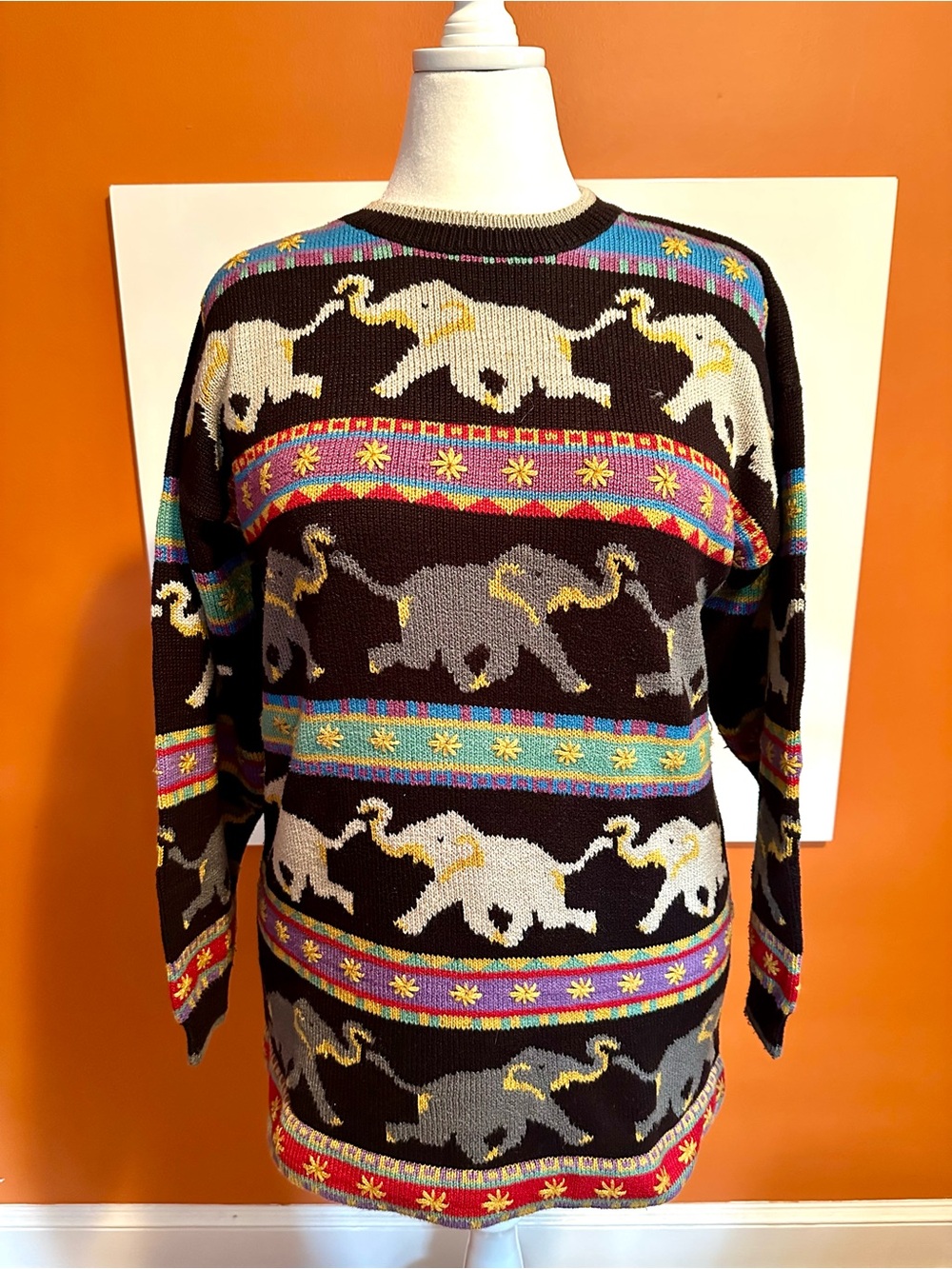 Vintage Christine Foley Heavyweight Cotton Elephant Motif Knit Sweater Size 3